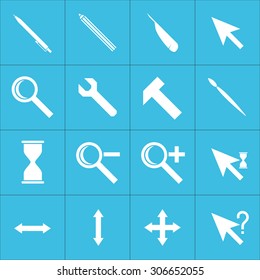 Web icons set cursors, flat design: pen, pencil, pen, hand, magnifying glass, key, brush, hammer, hourglass, increase, decrease, waiting, loading, help, stretch the window.