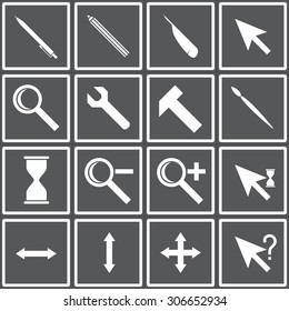 Web icons set cursors, flat design: pen, pencil, pen, hand, magnifying glass, key, brush, hammer, hourglass, increase, decrease, waiting, loading, help, stretch the window.