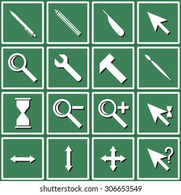 Web icons set cursors, flat design: pen, pencil, pen, hand, magnifying glass, key, brush, hammer, hourglass, increase, decrease, waiting, loading, help, stretch the window.