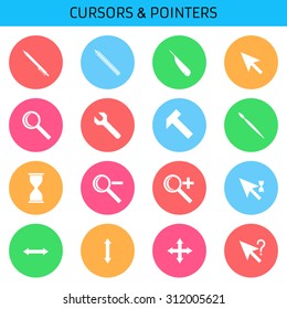 Web icons set cursors, flat design: pen, pencil, pen, hand, magnifying glass, key, brush, hammer, hourglass, increase, decrease, waiting, loading, help, stretch the window.