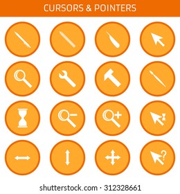 Web icons set cursors, flat design: pen, pencil, pen, hand, magnifying glass, key, brush, hammer, hourglass, increase, decrease, waiting, loading, help, stretch the window.