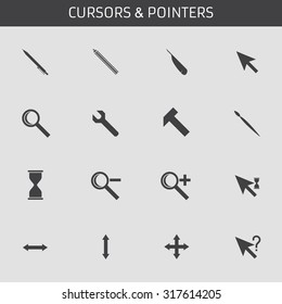 Web icons set cursors, flat design: pen, pencil, pen, hand, magnifying glass, key, brush, hammer, hourglass, increase, decrease, waiting, loading, help, stretch the window.