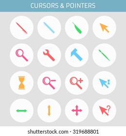 Web icons set cursors, flat design: pen, pencil, pen, hand, magnifying glass, key, brush, hammer, hourglass, increase, decrease, waiting, loading, help, stretch the window.
