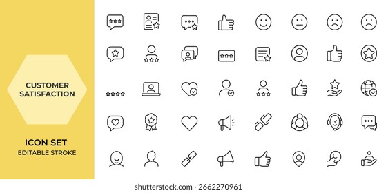 Conjunto de iconos web para una satisfacción Cliente en estilo de línea. Comentarios de clientes e íconos de testimonios para App móviles y de Web, incluida la calificación, la revisión, el gusto, el disgusto, la experiencia del Cliente y más.