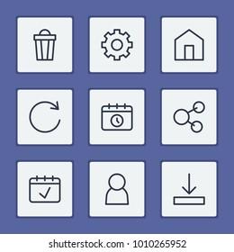 Web icons set with download, trash and gear elements. Set of web icons and downloading concept. Editable vector elements for logo app UI design.
