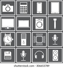Web icons set for electronics applications: camera, calculator, phone, tablet, monitor, laptop, washing machine, flashlight, clock, processor, microphone, floppy disk, headphones. Flat design.