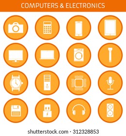 Web icons set for electronics applications: camera, calculator, phone, tablet, monitor, laptop, washing machine, flashlight, clock, processor, microphone, floppy disk, headphones. Flat design.