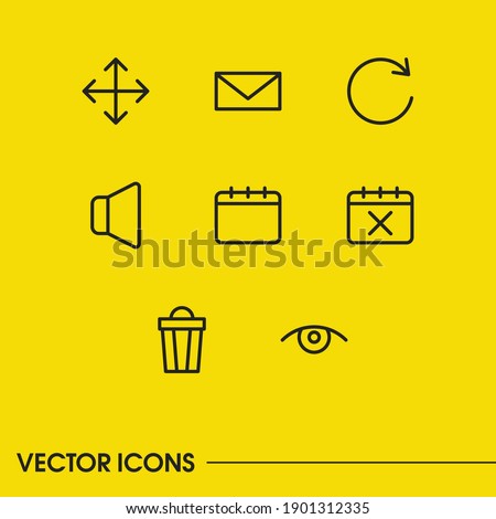 Web icons set with eye, calendar and volume elements. Set of web icons and sound concept. Editable vector elements for logo app UI design.