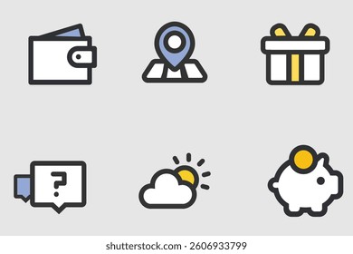 Web icons set features a shopping cart, basket, bag, and gift box symbols for e-commerce, sale, and delivery in your online shop