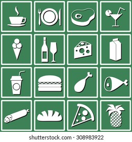 Web icons set food, coffee, meat, drink, ice cream, wine, cheese, milk, drinks, hamburger, chicken, ham, sausage, bread, pizza. Design flat. 