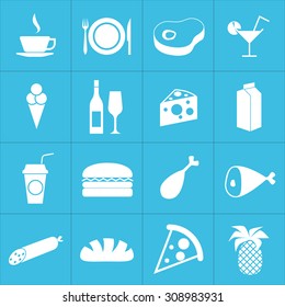 Web icons set food, coffee, meat, drink, ice cream, wine, cheese, milk, drinks, hamburger, chicken, ham, sausage, bread, pizza. Design flat. 