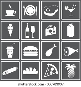 Web icons set food, coffee, meat, drink, ice cream, wine, cheese, milk, drinks, hamburger, chicken, ham, sausage, bread, pizza. Design flat. 