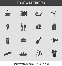 Web icons set food, coffee, meat, drink, ice cream, wine, cheese, milk, drinks, hamburger, chicken, ham, sausage, bread, pizza. Design flat. 