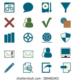 Web icons set. Forum icons collection: mail, user, backup, export, security, chat, settings, system, pencil, network, log, filter. Vector illustration, colored