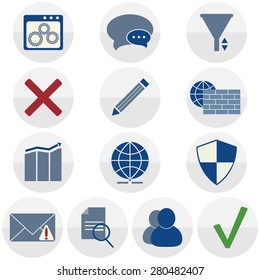 Web icons set. Forum icons collection: mail, user, backup, export, security, chat, settings, system, pencil, network, log, filter. Vector illustration, colored