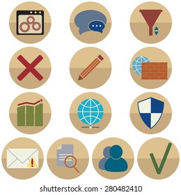 Web icons set. Forum icons collection: mail, user, backup, export, security, chat, settings, system, pencil, network, log, filter. Vector illustration, colored