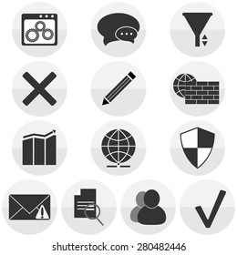Web icons set. Forum icons collection: mail, user, backup, export, security, chat, settings, system, pencil, network, log, filter. Vector illustration, black and white
