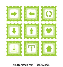 
web icons set, forward, back, up down arrows, refresh, like, home, download, upload, - simple vector green buttons with wavy edges 