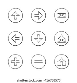 Web icons set. Hand-drawn round buttons. Isolated. Vector illustration. Arrows, Letters, Home, Plus, Minus
