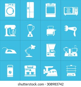 Web icons set of home appliances: washing machine, refrigerator, stove, microwave oven, mixer, blender, toaster, lamp, coffee maker, espresso machine, grinder, steamer. Design flat.