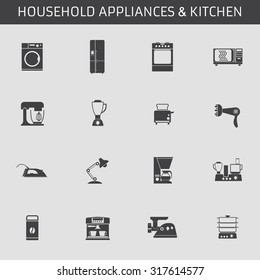 Web icons set of home appliances: washing machine, refrigerator, stove, microwave oven, mixer, blender, toaster, lamp, coffee maker, espresso machine, grinder, steamer. Design flat.