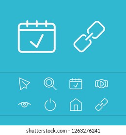 Web icons set with house, date and turn off elements. Set of web icons and magnifier concept. Editable vector elements for logo app UI design.