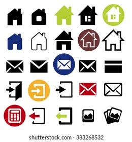 Web icons set - house, letter, sign, arrow, email. Vector Minimalism. Isolated on white and black background.