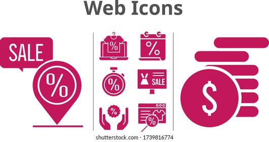 web icons set. included calendar, online shop, money, discount, placeholder, stopwatch icons. filled styles.