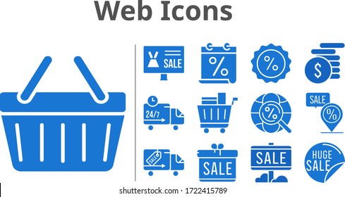 web icons set. included gift, calendar, online shop, sale, money, shopping cart, discount, shopping-basket, delivery truck, placeholder, internet icons. filled styles.