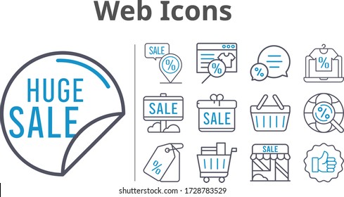 conjunto de iconos web. regalo incluido, tienda en línea, venta, tienda, similares, chat, etiqueta de precio, carrito de la compra, cesta de la compra, marcador de posición, íconos de internet. estilos bicolores.