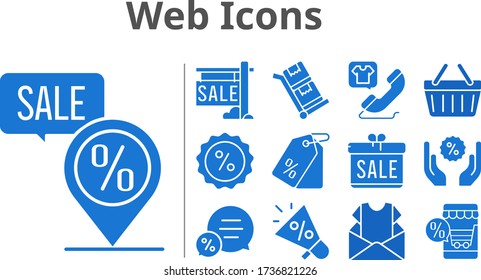 web icons set. included gift, megaphone, newsletter, online shop, sale, chat, price tag, phone call, discount, shopping-basket, placeholder, trolley icons. filled styles.