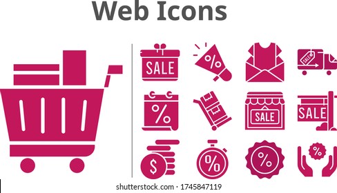 web icons set. included gift, calendar, megaphone, newsletter, sale, shop, money, shopping cart, discount, delivery truck, stopwatch, trolley icons. filled styles.