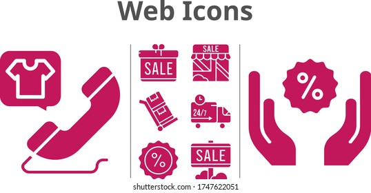 web icons set. included gift, sale, shop, phone call, discount, delivery truck, trolley icons. filled styles.