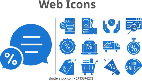 web icons set. included megaphone, online shop, sale, money, chat, price tag, shopping cart, discount, delivery truck, stopwatch icons. filled styles.