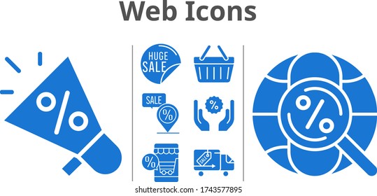 web icons set. included megaphone, online shop, sale, discount, shopping-basket, placeholder, delivery truck, internet icons. filled styles.