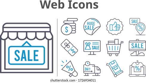 web icons set. included online shop, megaphone, sale, shop, money, like, shopping cart, discount, delivery truck, placeholder, trolley icons. bicolor styles.