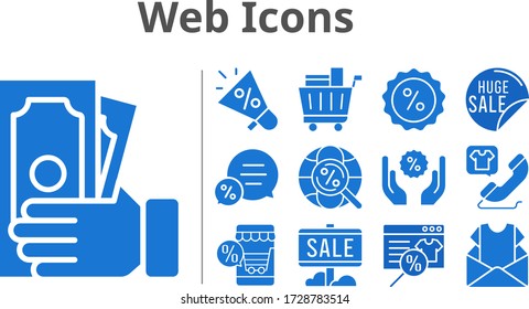 web icons set. included online shop, newsletter, megaphone, sale, money, chat, shopping cart, discount, phone call, internet icons. filled styles.