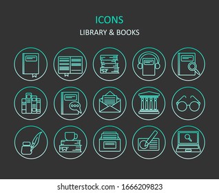 Web icons. Set of library gradient line icons. Books symbols for apps or web sites. Vector