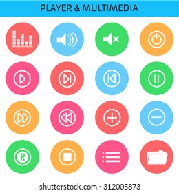 Web icons set Media Player. Multimedia. Isolated. Vector Illustration. Design flat.