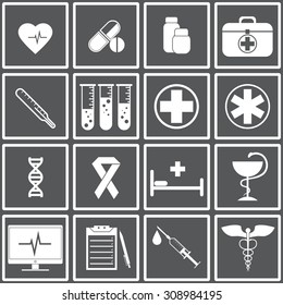 Web icons set for medicine. Pulse, heart, pills, amino acids, doctor bag, thermometer, tests, medical care, DNA, hospital, pharmacy, medicine, monitoring, medical card, syringe. Design flat.