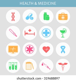 Web icons set for medicine. Pulse, heart, pills, amino acids, doctor bag, thermometer, tests, medical care, DNA, hospital, pharmacy, medicine, monitoring, medical card, syringe. Design flat.