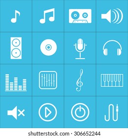Web icons set for music and applications:note, cassette, speaker, drive, microphone, headphone, mixer, musical key, cable. Design flat.