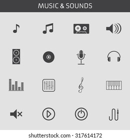 Web icons set for music and applications:note, cassette, speaker, drive, microphone, headphone, mixer, musical key, cable. Design flat.