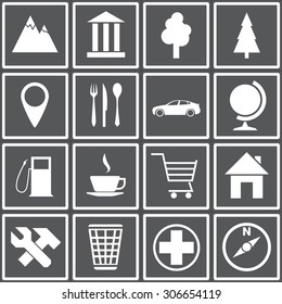 Web icons set for navigation and travel: landmarks, trees,  pointer, cafes, car, globe, world, map, filling, coffee shop, home, repair, workshop, trashcan, medical assistance, compass. Flat design.
