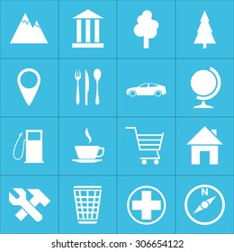 Web icons set for navigation and travel: landmarks, trees,  pointer, cafes, car, globe, world, map, filling, coffee shop, home, repair, workshop, trashcan, medical assistance, compass. Flat design.