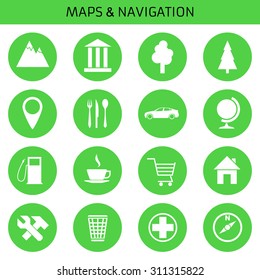 Web icons set for navigation and travel: landmarks, trees,  pointer, cafes, car, globe, world, map, filling, coffee shop, home, repair, workshop, trashcan, medical assistance, compass. Flat design.