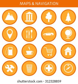 Web icons set for navigation and travel: landmarks, trees,  pointer, cafes, car, globe, world, map, filling, coffee shop, home, repair, workshop, trashcan, medical assistance, compass. Flat design.