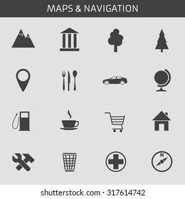 Web icons set for navigation and travel: landmarks, trees, pointer, cafes, car, globe, world, map, filling, coffee shop, home, repair, workshop, trashcan, medical assistance, compass. Flat design.