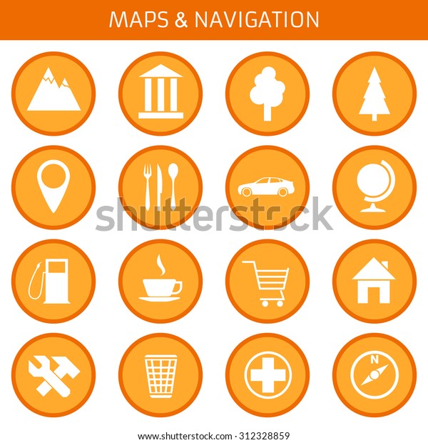 Web icons set for navigation and travel:\
landmarks, trees,  pointer, cafes, car, globe, world, map, filling,\
coffee shop, home, repair, workshop, trashcan, medical assistance,\
compass. Flat design.
