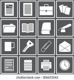 Web icons set for office: diagrams, documents, briefcase, papers, documents, folder, book, pen and ink bottle, a cup, a key clip, envelope, scores, calendar, printer, watch. Design flat.